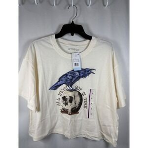 MODERNLUX Raven Skull Graphic Cropped T Shirt Womens XL Cream Cotton Poly Blend